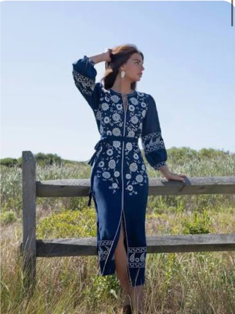 Embroidered Navy Blue Midi Dress with White Floral Detail